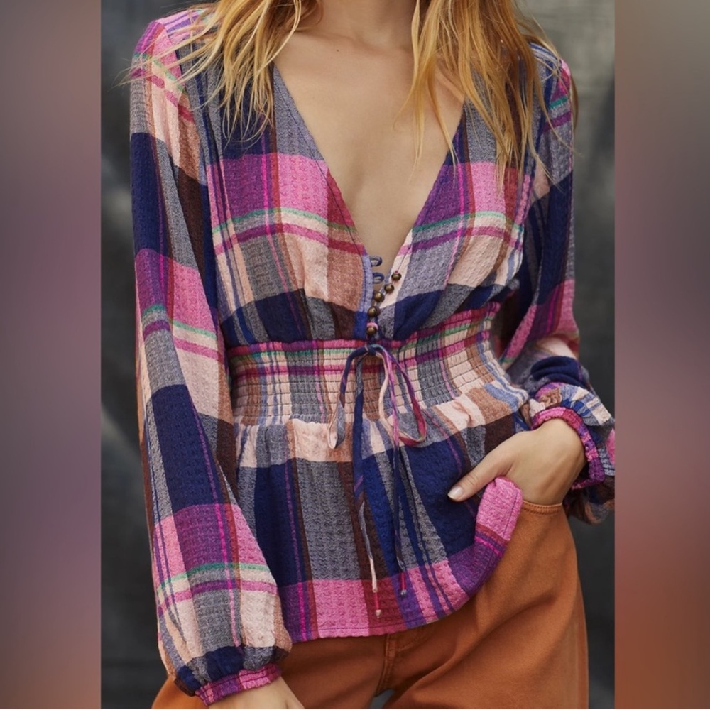 Anthropologie Pilcro Plaid V-Neck Smock Waist Peplum Blouse Pink & Navy Blue XL